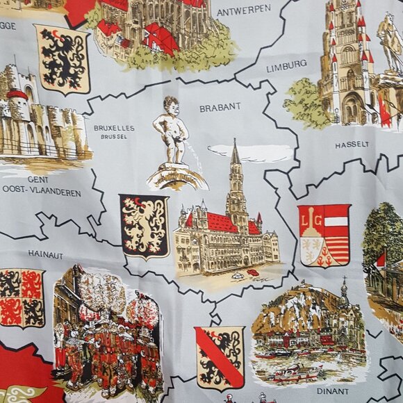 Vintage Van Deun Souvenir Square Scarf Map Of Belgium Castles Monuments Red Made - Picture 6 of 10